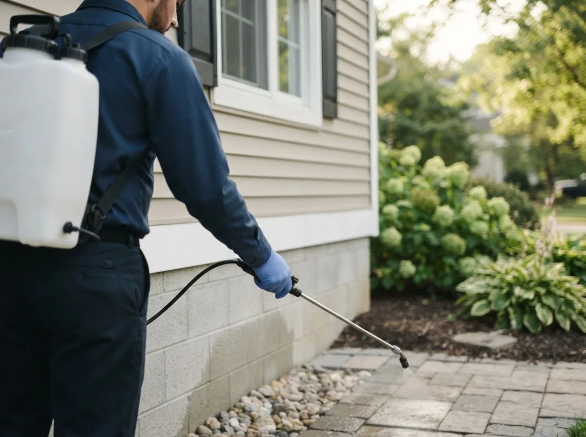 Pest control technician inspecting a home in Ottsville, PA